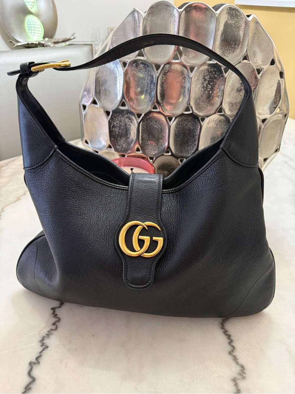 Gucci Black Leather Shoulder Hobo with Gold Double G - Picture 2 of 5
